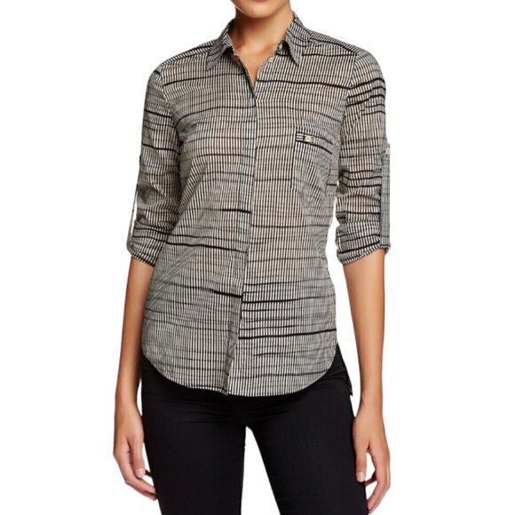 NWT HALSTON HERITAGE Shirt Blouse Sz.8 Brown Geometric Button Up Roll Tab Sleeve - Picture 1 of 14